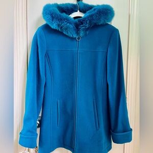 Wool coat with fox fur hood trim by MDP Designs New York